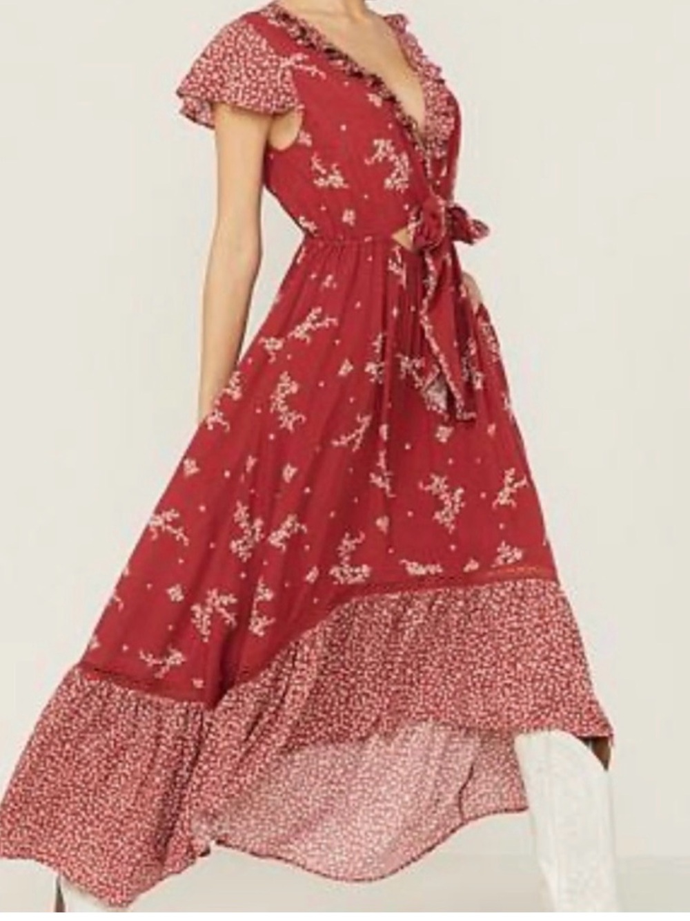 Women's Red Floral High-Low Tie-Front Maxi Dress (Ben Dutton style)